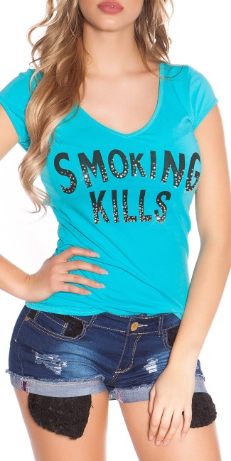 T-Shirt Smoking Kills with skull Turquoise